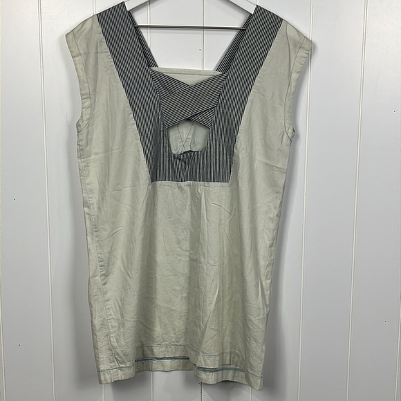 POL Womens Top S Cream Blue Stripes Pullover Contrast Stitching Criss Cross Back - Picture 8 of 11